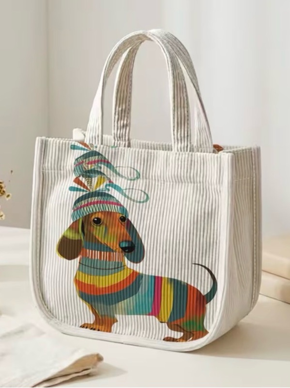 Dachshund w/Striped Sweater & Beanie/ Corduroy Tote Bag 🐾🆕🐾